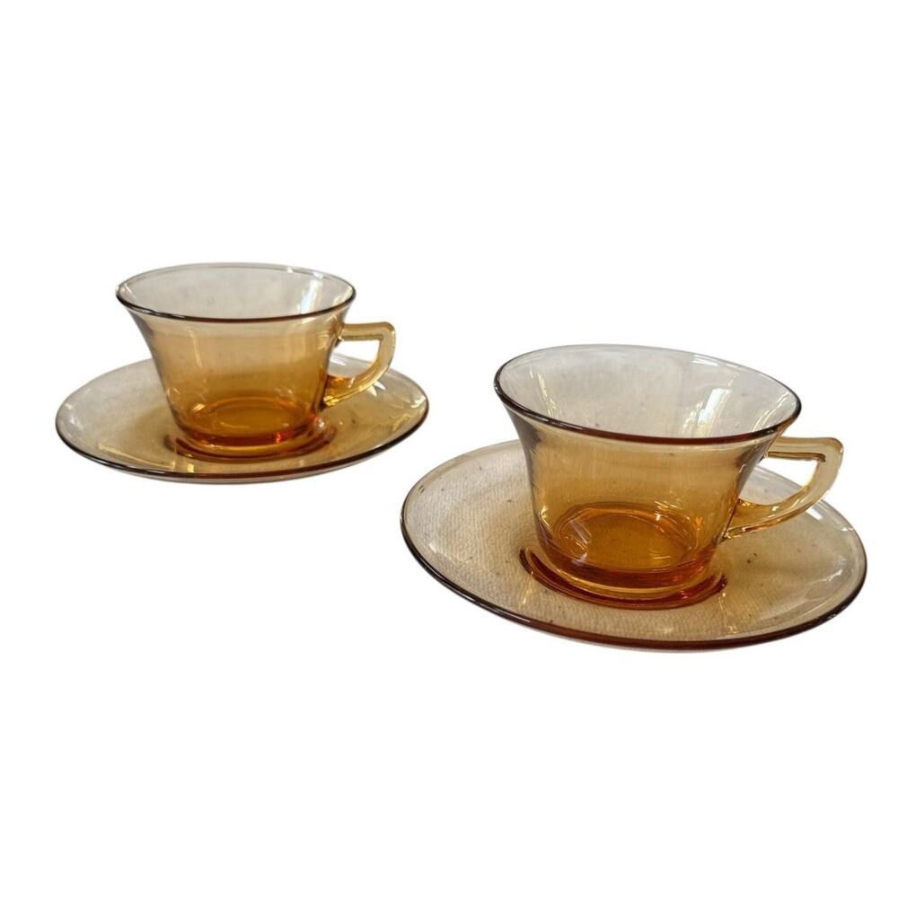 Cambridge Glass Amber Cup & Saucer Set (2 Each) VTG Elegant Tea Coffee Entertain